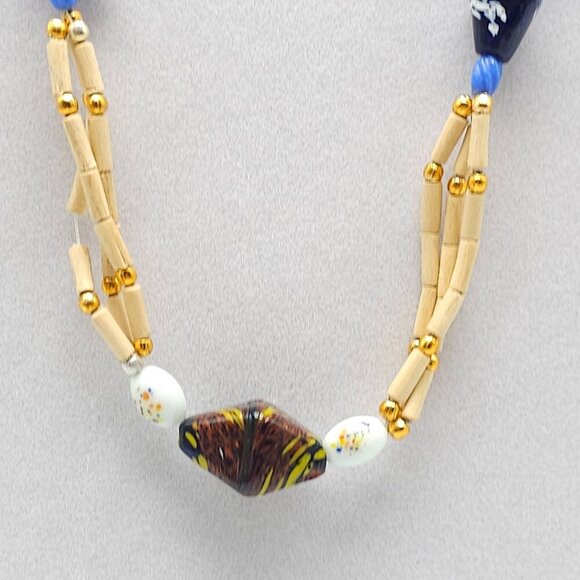 Handcrafted Multicolor Glass Bead Bamboo Necklace With Gold Accents - Picture 2 of 6